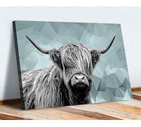 CanvasArtShop - Highland Cow Canvas Wall Art - Duck Egg Blue & Grey Geometric Background - Modern Farmhouse Animal Print Artwork (36in x 24in / 91cm x 60cm)
