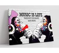 CanvasArtShop - Monkey DJ Banksy “Music Is Life” - Graffiti Street Art Gorilla Canvas Print - Urban Modern Wall Décor (XL 47in x 32in / 119cm x 81cm)