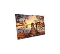 CanvasGeeks Autumn at the Lake Pier Calm Boathouse Canvas Wall Art Picture Print in Orange | Size: W24" x H16" x D20mm CanvasGeeks Orange W24" x H16" x D20mm