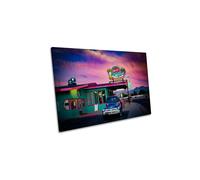 CanvasGeeks Sunset Route 66 Diner Old Classic Car Canvas Wall Art Picture Print in Pink | Size: W18" x H12" x D20mm CanvasGeeks Pink W18" x H12" x D20mm