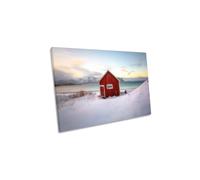 CanvasGeeks Under an Arctic Sky Snow Cottage Landscape Canvas Wall Art Picture Print in Red | Size: W36" x H24" x D40mm CanvasGeeks Red W36" x H24" x D40mm