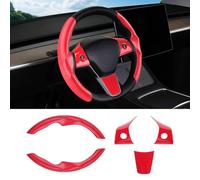 Canvcle Steering Wheel Cover for Telsa Model 3/Model Y Accessories Carbon Fiber Steering Wheel Cover Protector Anti-Slip, Comfortable Grip, Breathable, Model 3/Y Accessories, Red 5PCS