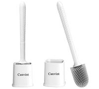 Canvint Silicone Toilet Brush and Holder Set, 2 Pack - Dead Corner Deep Cleaning With Quick Drying Holder, Flexible No-Slip Long Plastic Handle (White)