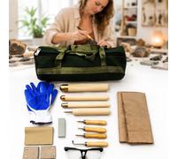 CAOJS 15pcs Flint Knapping Tool Kit For Beginners Complete Obsidian Crafting Tools With 3 Hammers, 5 Pressure Flakers, Abrasive Stone, 3 Leather Pads, Tool Bag, Safety Goggles & Gloves