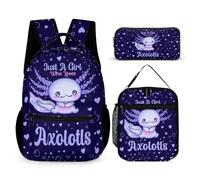CaomeiWu Axolotl School Backpack for Kids Girls Boys, 16 Inch Axolotls Bookbag, School Backpack for Students Children, Axolotl Backpack 3 With Lunch Bag Pencil Bag, 16x12.6x6 inches, Daypack Backpacks