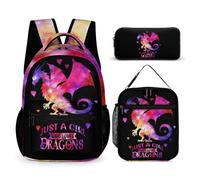 CaomeiWu School Backpack for Kids Girls Boys, 16 Inch Cute Bookbag for Students Children, Lightweight, Large Capacity, Dragon Backpack With Lunch Bag Pencil Case, 16 inches