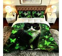 Caongat Double Coverless Duvet set 79x79in, Green Cat, CQ6933 | Microfiber Comforter, with 2 Pillow Case, Machine Washable and Quick Drying, Colour Fast Fabric, Daily Family Bedroom Use
