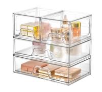 Caossuixin 4 Pack Stackable Storage Drawers, Clear Plastic Makeup Organiser | Pull-out handles & Non-Slip Feet; Easy-assembly for Bathroom, Cupboard, Pantry, Dressing Table Organiser