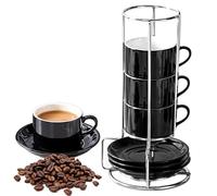 Caossuixin 4x160ml Espresso Cups with Saucers and Metal Stand, Porcelain Cappuccino Cups, Stackable Expresso Coffee Cup, Stacking Mugs for Coffee Drinks, Latte, Americano, Tea and Cappuccino