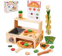 Caossuixin 50 PCS Pizza Wooden Toys, Woodens Pizzas Counter Play Set with Oven and Play Kitchen Accessories, Pizza Toy for Toddler Role Play, Wooden Kitchen Toys for Kids Boys Girls Ages 3+