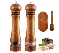 Caossuixin 8 Inch Wooden Salt and Pepper Grinder Set of 2, Salt and Pepper Mill with Adjustable Coarseness Ceramic Core & Acrylic Window, Manual Spice Grinders with Tray Spoon for Home Kitchen Camping