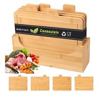 Caossuixin Bamboo Chopping Boards Set of 4, Cooks Professional Wooden Chopping Board Set with Stand, Wooden Food Preparation Cutting Blocks with Tabs, Cutting Board for Fruit, Vegetables, Meat, Bread