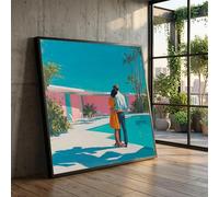 CAOXTART Classic Style Canvas, Romance by Poolside Posters Prints, Retro Couple Embrace Canvas Painting, Vintage Palm Tree Wall Art(55x55cm/Frameless)