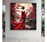 CAOXTART Elegant Red Kimono Canvas Painting, Japanese Cherry Blossom Prints, Full Moon Posters Landscape Wall Art, Home Decor(80x80cm/Frameless)