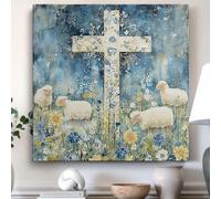 CAOXTART Floral Cross Oil Painting Lambs Posters and Prints: Pastoral Christian Wall Art Pictures Modern Minimalist Home Decor(65x65cm/Frameless)
