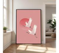 CAOXTART Flying Cranes Canvas Wall Art, Japanese Bird Illustration Posters, Minimalist Nature Home Decor, Pink Sunset Painting(60x80cm/Internal Frame)