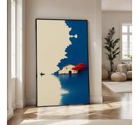CAOXTART Lakeside House Canvas Wall Art, Red Tree Reflection Posters, Minimalist Home Decor, Blue and Beige Landscape Painting(30x50cm/Frameless)