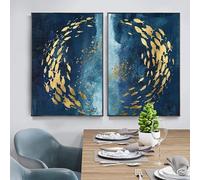 CAOXTART Set of 2 Blue Gold Leaf Fish Posters and Prints Abstract Nordic Style Wall Art Canvas Painting for Living Room Home Decor 50x70cmx2 Frameless