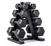 CAP Barbell 100 LB Coated Hex Dumbbell Weight Set with Comfort Grip and with Vertical Rack