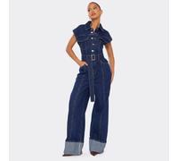 Cap Sleeve Button Down Belted Detail Turn Up Hem Jumpsuit In Indigo Blue Denim, Women's Size UK 6