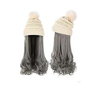 Cap with Hair Extensions for Women Hat Long Wavy Curly Hair Ladies Synthetic Wig Winter Warm Detachable Knitted Cap 22 Inch Golden Brown Wig Hat Wig for Women(Color:9)