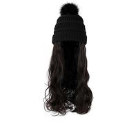 Cap with Hair Extensions for Women Hat Wig Synthetic Long Wavy Wigs With Beret Hat Knitted Fashion Black Autumn Winter Cap Hair Wig Hair Extensions Hat Wig for Women(Color:B 1)