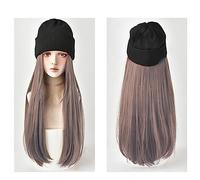 Cap with Hair Extensions for Women Long Synthetic Beanies Hat with Hair Wigs for Women 24inch Straight Hair Synthetic Wig Warm Soft Ski Knitted Autumn Winter Cap Hat Wig for Women(1)