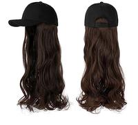 Cap with Hair Extensions for Women Long Wavy Synthetic Wig Baseball Cap with Hair extensions Hat Wigs Bone Natural Black Connect Wig Adjustable for women Hat Wig for Women(2)