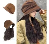 Cap with Hair Extensions, Hat with Fleece Long Curly Wavy Hairstyle Wig Hat 16" Synthetic Hairpiece for Women Natural(Black)