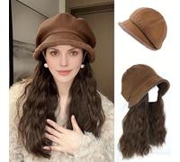 Cap with Hair Extensions, Hat with Fleece Long Curly Wavy Hairstyle Wig Hat 16" Synthetic Hairpiece for Women Natural(Brown)