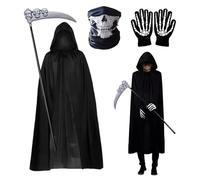 Capa de vampiro con capucha de la muerte - Disfraz la Parca | Tú negra con capucha y guantes para Halloween, bruja, mago, brujo, hechicero y mascarada, ideal para juegos rol adultos.