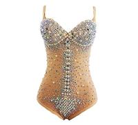 Capalot Women Mesh Sling Rhinestones Leotard Sexy Stage Elastic Tights Dance Costume Crystal Bodysuit Club Party Stage Wear, Nude, Large