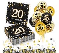 Capaneus 20th Birthday Napkins & Balloons, Pack of 30 Napkins, 18 Decorative Balloons, Gold & Black, Paper, 3-Ply, 33cm x 33cm (Unfolded), 16.5cm x 16.5cm (Folded), Birthday Party Supplies