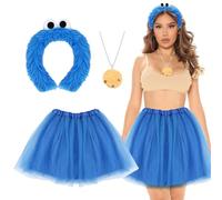 Capaneus Women's Cookie Monster Costume: Blue Headband, Biscuit Necklace, Tulle Skirt - Fancy Dress, Halloween, Cosplay & Theme Party