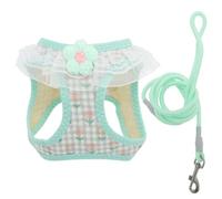 CAPASTEC Puppy Dog Harness and Lead Set Magic Tapes Pet Harness Adjustable Lightweight Soft Harness with Floral Pattern for Walks for Small Medium Dogs Cats M Green