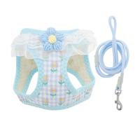 CAPASTEC Puppy Harness and Lead Set, Magic Velcro Straps, Adjustable, Lightweight, Soft Harness with Floral Pattern for Walks, for Small, Medium Dogs, Cats, M, Blue
