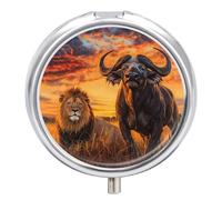 Cape Buffalo and Lion Sunset Pill Box Cute Metal Round Pill Case with 3 Compartments and Mirror for Vitamin Fish Oils