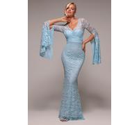 Cape Sleeve Lace Mermaid Hem Maxi Dress Goddiva Light Blue 12