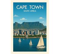 Cape Town South Africa Travel Art Print, Coastal City Skyline with Table Mountain, Sailboats and Harbour View. Size A4