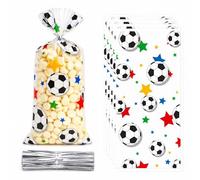 Capesaro 50 Pcs Soccer Cellophane Treat Bags, 5" x 10.8" OPP Soccer Pattern Candy Bags, Transparent Soccer Snack Gift Bags with Twist Ties for Cookies, Soccer Birthday Party Favors