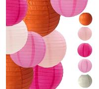 Capesaro Pink & Orange Paper Lanterns Pack of 15, Decorative Lighting for Parties, Weddings, Outdoor & Indoor Decoration, Rice Paper & Metal, Various Occasions