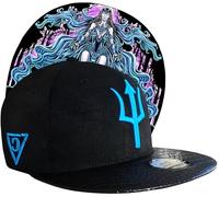 Capiche [99+ Variations] Black Snapback Hat, Nyx, Goddess of The Night, Faux Leather Baseball Cap Brim, Nox, Blue and Black, Dark Tattoo Artwork Under Bill, Snake Pattern