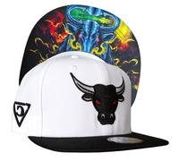 Capiche [99+ Variations] Bull Snapback Cap - White Hat with Black Brim, Fierce Embroidery, Fiery Undervisor Art, Adjustable for Bold Streetwear and Animal Enthusiasts