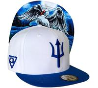 Capiche [99+ Variations] Cycnus Snapback Cap - White Hat with Blue Brim, Embroidered Trident Logo, Mythical Swan Undervisor Art, Adjustable for Greek Mythology and Stylish Streetwear Fans