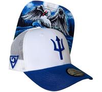 Capiche [99+ Variations] Cycnus Trucker Cap - White Mesh Hat with Blue Brim, Embroidered Trident Logo, Mythical Swan Undervisor Art, Adjustable Snapback for Greek Mythology and Stylish Streetwear