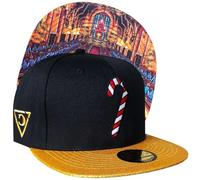 Capiche [99+ Variations] Holiday Feast Snapback Cap - Black Hat with Gold Glitter Brim, Candy Cane Embroidery, Festive Dining Hall Undervisor Art, Adjustable for Christmas and Magical Streetwear Fans