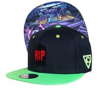 Capiche [99+ Variations] Zombie Escape Snapback Cap - Black Hat with Neon Green Brim, Red RIP Embroidered Logo, Car Chase Undervisor Art, Adjustable for Horror and Streetwear Fans
