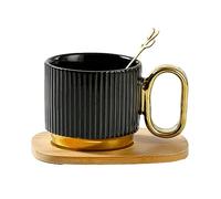 CAPIJIONG 220ml Nordic Ceramic Mug Couple Home Afternoon Tea, Coffee Cup and Plate Set for office home restaurant cafe teahouse-Black gold handle - cup+spoon+wooden mat