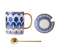 CAPIJIONG 350ml/12oz Nordic Creative Ceramic Mug With Lid Spoon Office Home Couple Breakfast Coffee Milk Cup-Fanghua Golden Luxury Mug (Blue)