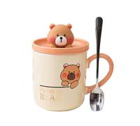 CAPIJIONG 380ml Cartoon Cute Little Bear Household Large Capacity Drinking Cup With Lid Spoon Couple Ceramic Mug-Beige Bear